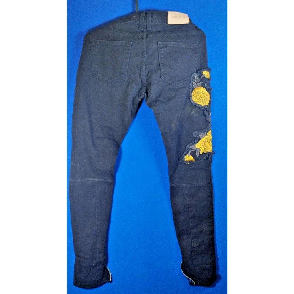 Golden Black Skinny Jeans Women Size 30 Yellow Floral Rose Embroidery Zipper - Picture 5 of 13
